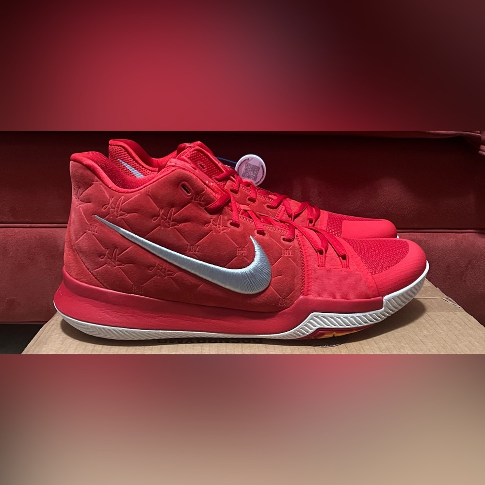 Men's Nike Kyrie 3 Red Suede Basketball Shoes University Red/Wolf Grey Size 14
